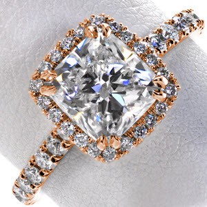 Rose gold engagement ring in Anaheim with cushion cut center stone and cushion halo.