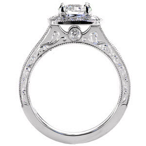Tucson custom engagement ring with a halo design and profile view featuring scroll engraving, milgrain and a bezel set surprise stone.