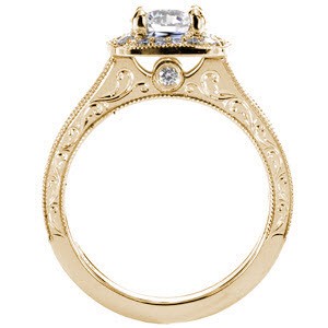 Irvine custom engagement ring with a halo design and profile view featuring scroll engraving, milgrain and a bezel set surprise stone.