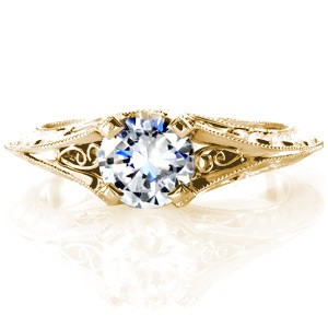 Filigree engagement ring in New Orleans with hand engraving and hand formed scroll filigree.