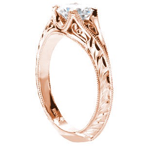 Filigree rose gold engagement rings in Miami with a round center diamond and hand engraving.