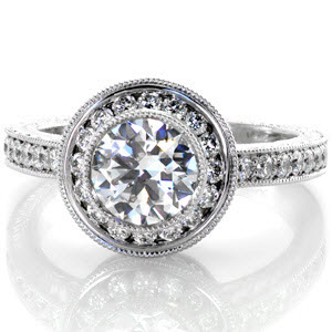 Halo engagement ring in Bradenton with round brilliant center stone and hand engraving.