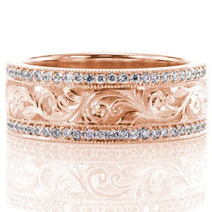 Unique wedding ring in New Orleans with scroll engraving, milgrain and micro pave diamonds.