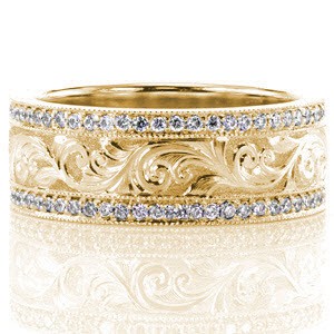Austin unique yellow gold wedding bands with expressive, detailed hand engraving and micropave diamonds.