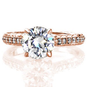 New Orleans antique engagement ring with round brilliant diamond and half wheat engraving. 