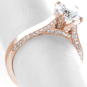 Contemporary rose gold engagement rings in Orlando with micro pave diamond bands. This unique micro pave design is a modern rose gold engagement ring design.
