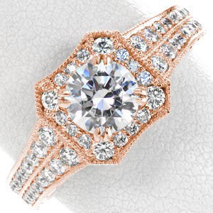 Philadelphia rose gold engagement ring with a double row diamond band and beveled edge halo.