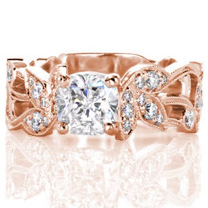 Unique organic rose gold engagement ring in St. Louis, Missouri. This wide rose gold band is made up of leaves and vines for an elegant rose gold cushion cut engagement ring.