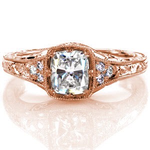 Antique inspired custom engagement ring in San Jose with a unique cushion cut center setting surrounded by bead set side diamonds and hand engraving.
