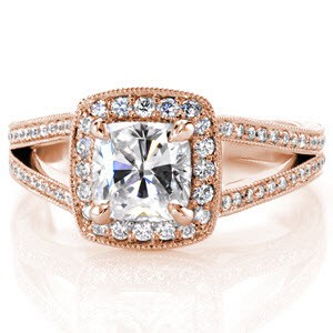 Regal quality and elegant hand engraved scroll-work set apart Design 2478 from the rest. Graceful joining of a bead set, bright cut halo with split shank eternity set diamond bands creates a heirloom-quality piece that showcases the fiery 1.25 ct cushion cut center diamond.