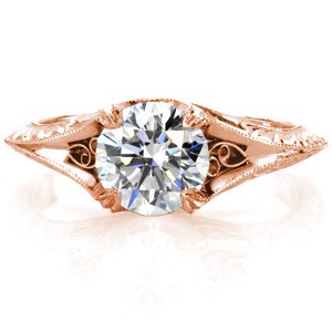 Jacksonville rose gold engagement ring with round center stone, filigree and hand engraving.
