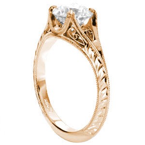St. Louis filigree engagement ring with hand engraving, round center stone and knife-edge band.