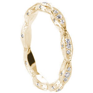Cleveland scalloped micro pave wedding band with hand engraving and milgrain in yellow gold.