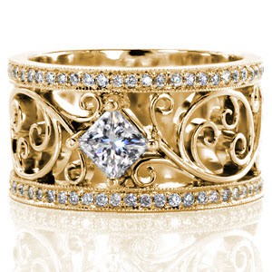 Custom engagement ring with a unique scroll patterned wide band border by diamond rails and a princess cut center stone in Schenectady.