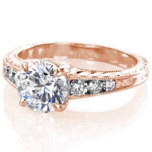 Denver rose gold engagement ring with hand engraving, round center stone milgrain.