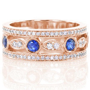 Rose gold wedding ring in Jacksonville with blue sapphires and micro pave diamonds.