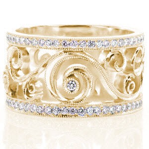 Virginia Beach wide band diamond ring in yellow gold with custom filigree scrolls.