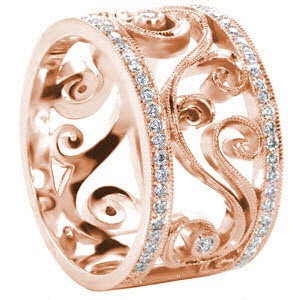 Rose gold diamond band in Fort Worth with scroll filigree between diamond bands.
