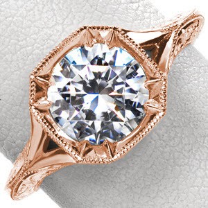 Philadelphia rose gold engagement ring with round center stone, hand engraving and milgrain.