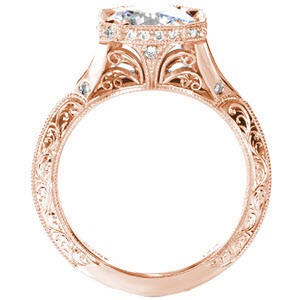 Vintage rose gold engagement ring inspiration in Seattle. This beautiful design features hand engraved designs, hand wrought filigree, micro pave diamonds in a horizontal halo, and a split shank band.