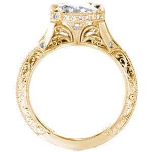 Antique yellow gold engagement rings in Winnipeg with exquisite hand engraving, delicate filigree curls, and diamonds. This unique halo engagement ring is one of a kind!