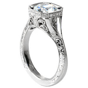 Stunning split shank engagement ring in Salt Lake City is an antique engagement ring design with hand engraving and filigree. Unique halo style and flush set diamonds on the band.