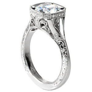 Stunning split shank engagement ring in Cincinnati is an antique engagement ring design with hand engraving and filigree. Unique halo style and flush set diamonds on the band.