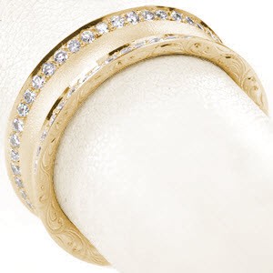 Beautiful wide wedding bands with scroll patterned hand engraving and micro pave diamonds in Honolulu.