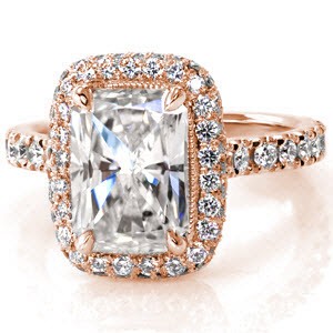 Rose gold halo engagement rings in San Antonio with micro pave settings.