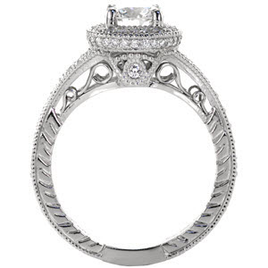 Custom engagement ring in Arlington with a unique filigree profile topped with a round brilliant diamond surrounded by a diamond halo.
