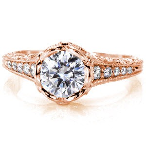 Rose gold custom engagement ring in Sioux Falls with a unique petal center diamond setting and a relief engraved band.
