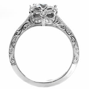 Antique inspired custom engagement ring in Phoenix with a unique petal center diamond setting and a relief engraved band.