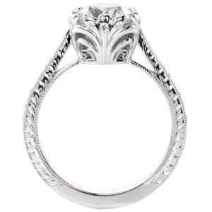 Vintage engagement ring with hand engraving and cushion cut center stone in Quebec.