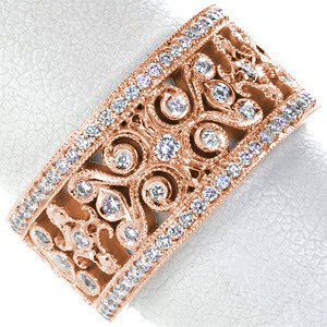 Cedar Rapids unique rose gold wedding band featuring an intricate filigree pattern set with micro pave diamonds.