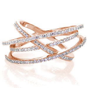 Custom rose gold wide band ring with four overlapping diamond bands in Sacramento.