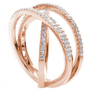 Custom rose gold wide band ring with four overlapping diamond bands in Des Moines.