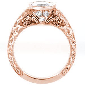 Filigree engagement ring in Charlotte with relief scroll engraving, milgrain and diamonds.