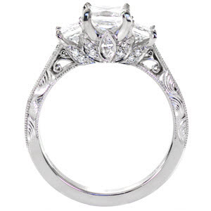 Boston princess cut three stone engagement ring with hand engraving and filigree. 