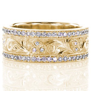 Yellow gold engraved and diamond wedding ring in Dallas.