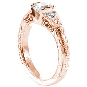 Rose gold engagement ring in El Paso with hand engraving, filigree and cushion center stone.