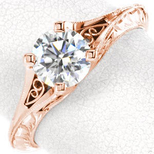 Rose gold engagement ring in Charlotte with a split band, filigree and hand engraving.
