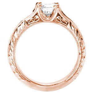 Custom rose gold engagement ring in Albuquerque with a hand engraved knife edge band and filigree curls bordering the center diamond.