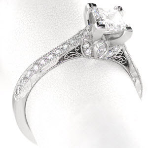 Filigree princess cut engagement ring with filigree, hand engraving and micro pave.