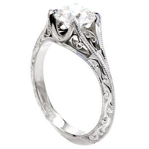Unique Vintage Engagement Rings in Denver with hand formed filigree curls and relief style hand engraving.