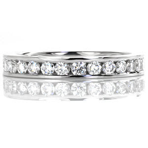 This classic wedding band design features a sleek channel setting for the round brilliant diamonds. With a 0.75 total carat weight, these regal band stands out and can be worn for any occasion. The metal type and the size and type of gemstones can be customized to create a unique ring that perfectly matches your style.