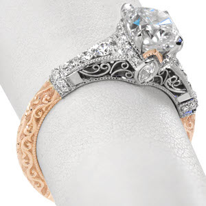 Two-tone engagement ring in New Orleans with relief scroll engraving and filigree.