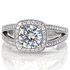 Memphis split band engagement ring with diamond halo and round brilliant center stone.