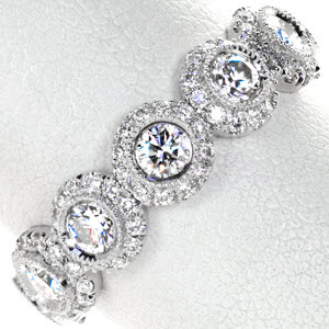 Oklahoma City unique wedding bands with seven stunning micro pave halos. This unique wedding band is regal with bezel set diamonds surrounded by micro pave halos.