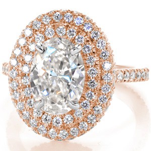 Rose gold double halo oval engagement rings in Dallas.