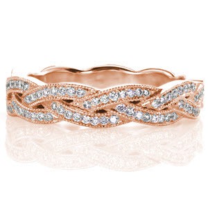 Custom wedding ring in Schenectady with a unique bead set diamond and milgrain edged braid design.